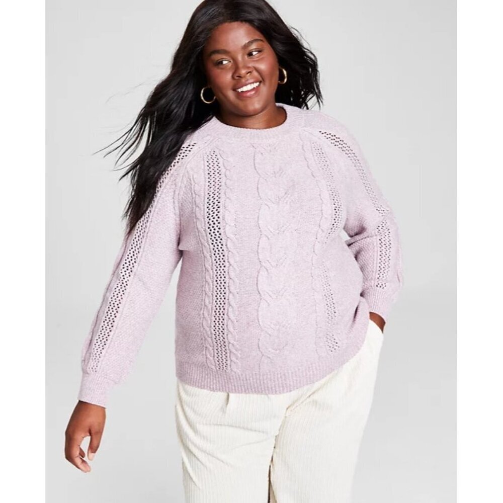And Now This Womens Trendy Plus Size 1X Mixed-Knit Crewneck Sweater in Lilac‎